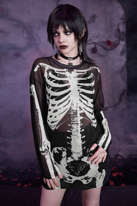 Skull Print Sheer Long Sleeve Mesh Top