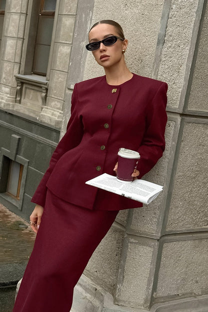 Wine Red Tie Waist Two Piece Blazer Skirt Set