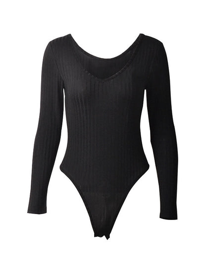 Solid Ribbed V Neck Bodysuits