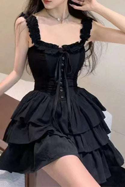 Black Ruffled Lace Up Slip Cake Mini Dress