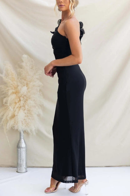 Fashionable Mesh Sleeveless One-shoulder Waist-revealing Maxi Dress