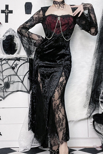 Lace Sleeve Split Gothic Dress