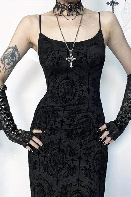Dark Wind Cross Suspender Slim Fit Hip Maxi Dress
