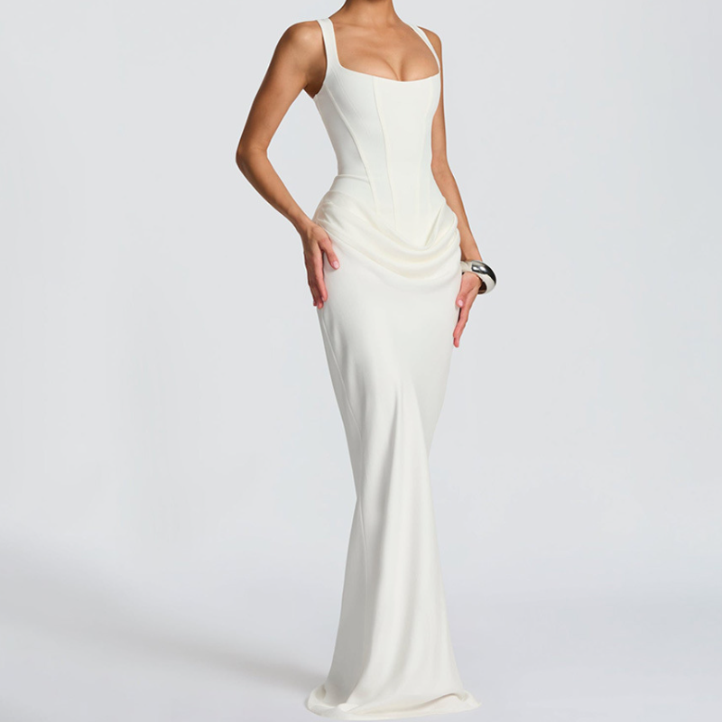 Ruched u neck backless solid cami maxi dress  | Festival Outfits Women