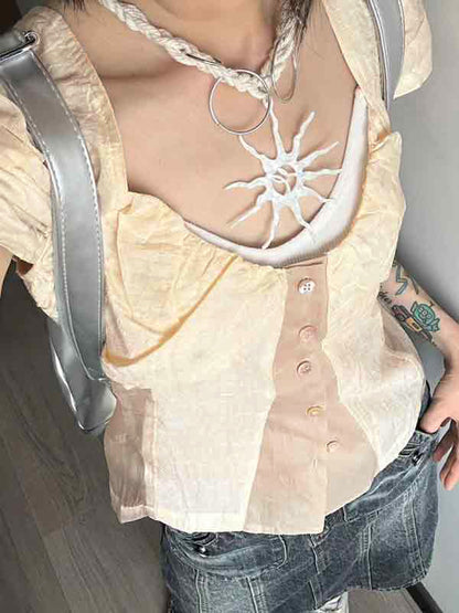 Retro Contrast Color Stitching Short Sleeves Shirts