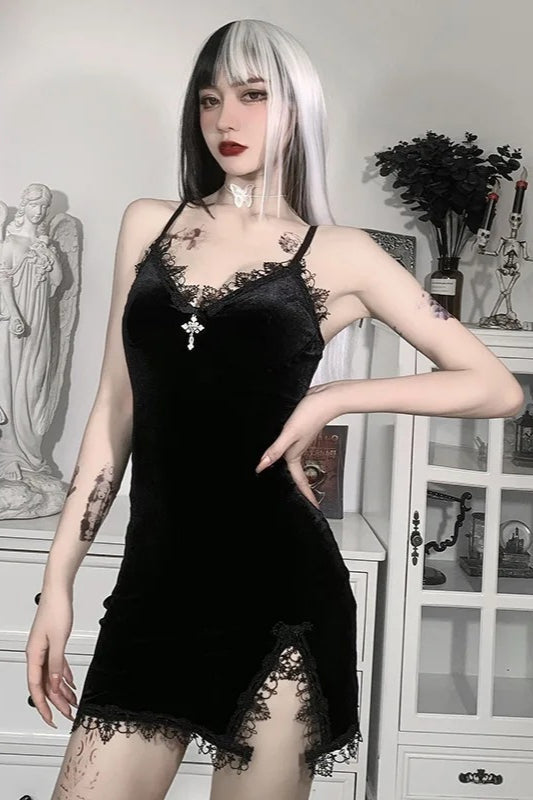 Black Cross Spaghetti Strap High Waist Slit Mini Dress