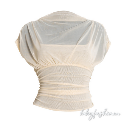 Ruched mesh crewneck solid top