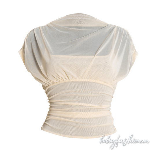 Ruched mesh crewneck solid top