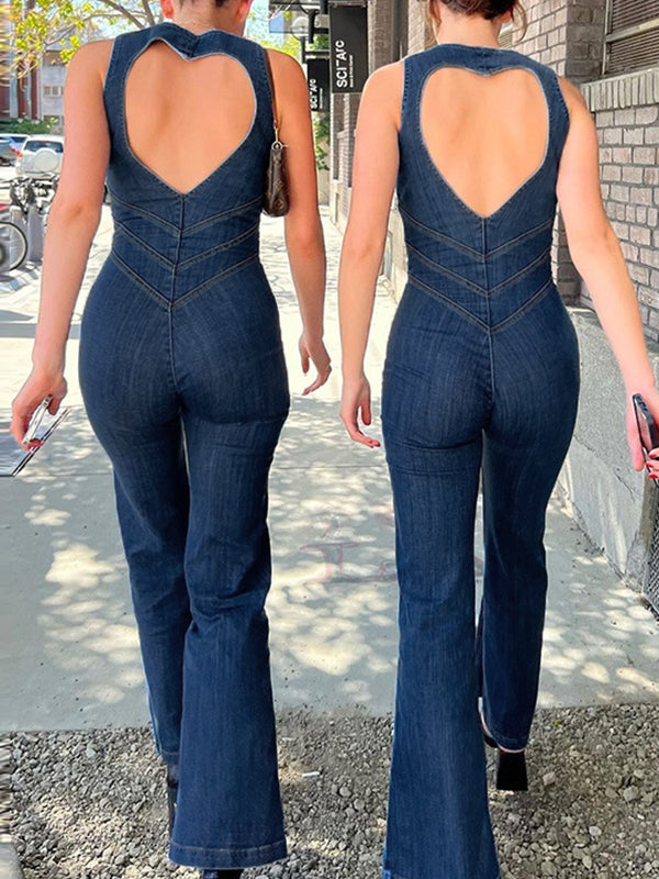 Backless Zip Up High Rise Denim Jumpsuits