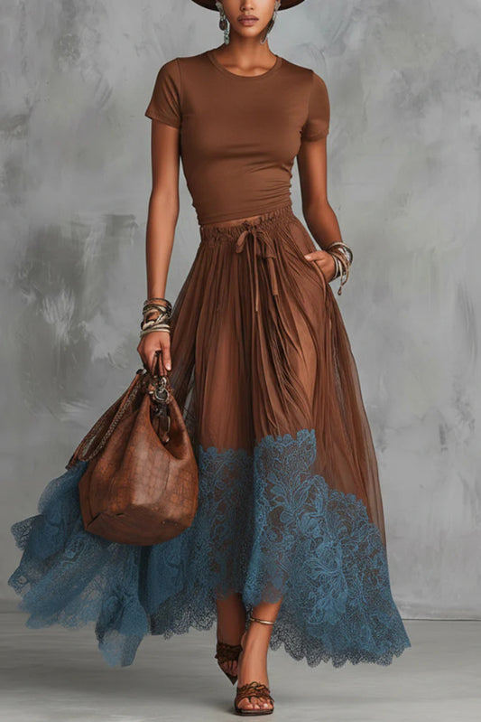 Stylish Round Neck Short-sleeved Fitted Top and Elastic Waist Pockets Lace Hem Maxi Skirt Set