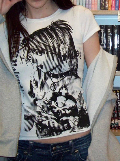 Gothic Anime Print Cropped Short Sleeve T-shirt