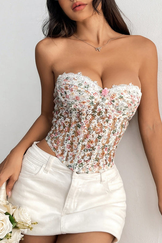 Floral Embroidery Boned Sheer Corset Crop Top