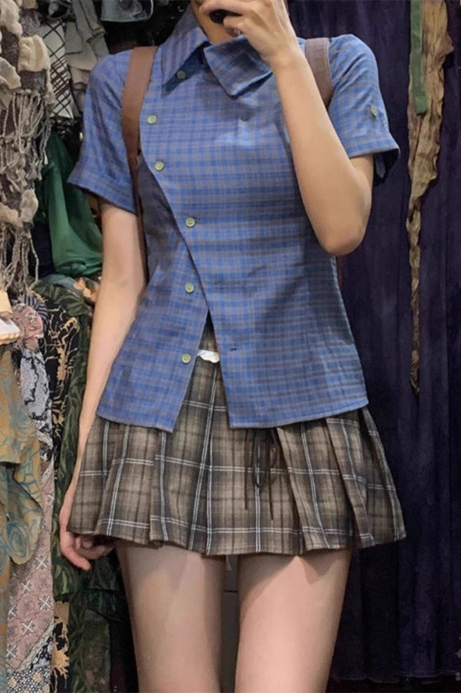 Vintage Blue Plaid Short Sleeve Blouse