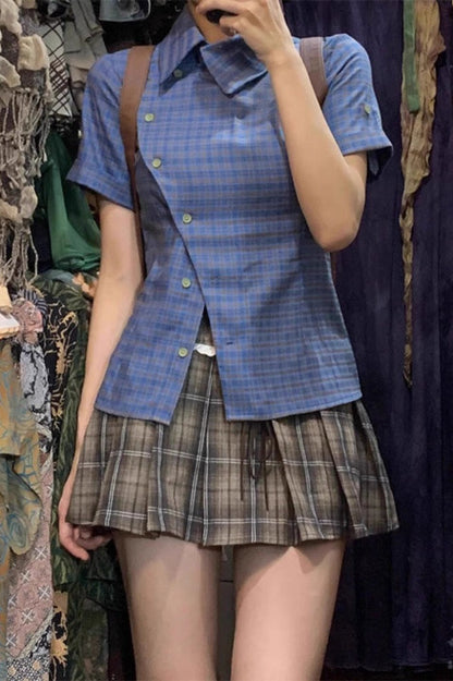 Vintage Blue Plaid Short Sleeve Blouse