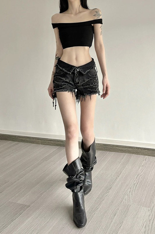 Edgy Black Denim Tie Waist Rivet Shorts