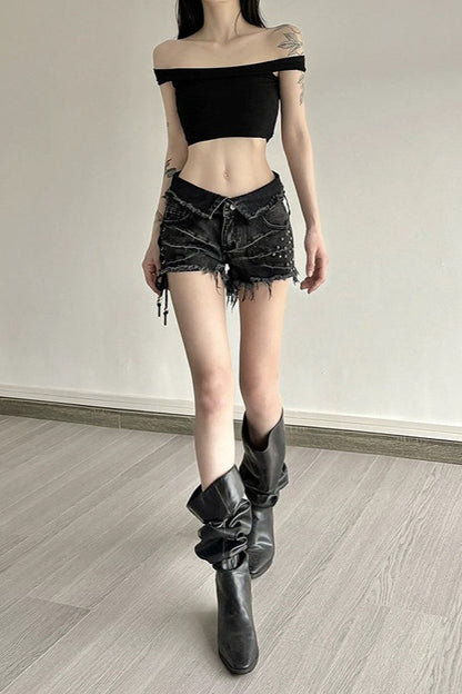 Edgy Black Denim Tie Waist Rivet Shorts