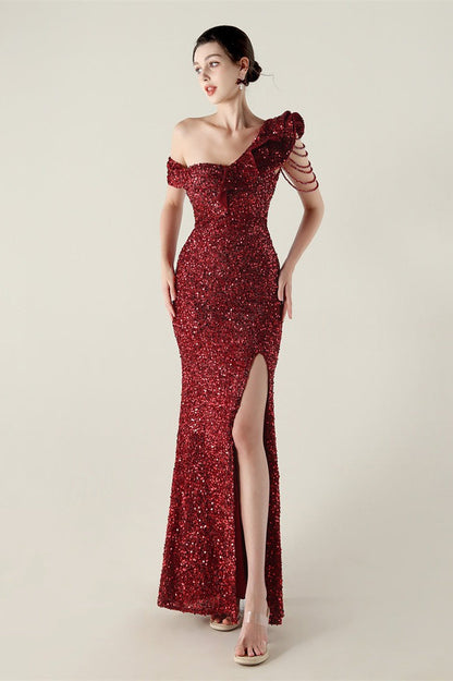 Draped One Shoulder Ruffle Formal Dress