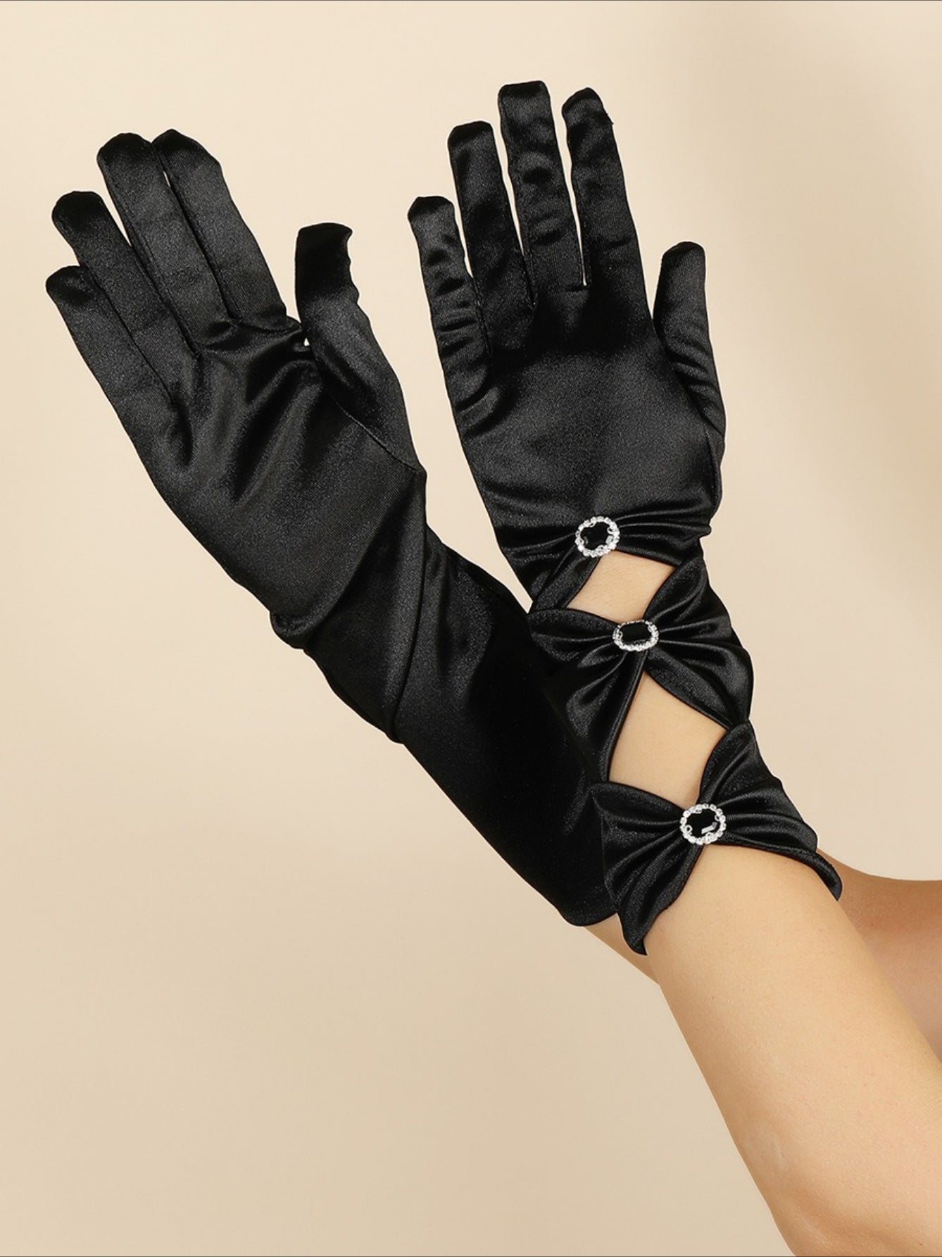 Gothic Black Rhinestone Mid-length Satin Formal Gloves