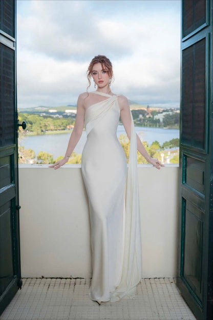 Elegant Satin Slant Neck Sheath Formal Dress