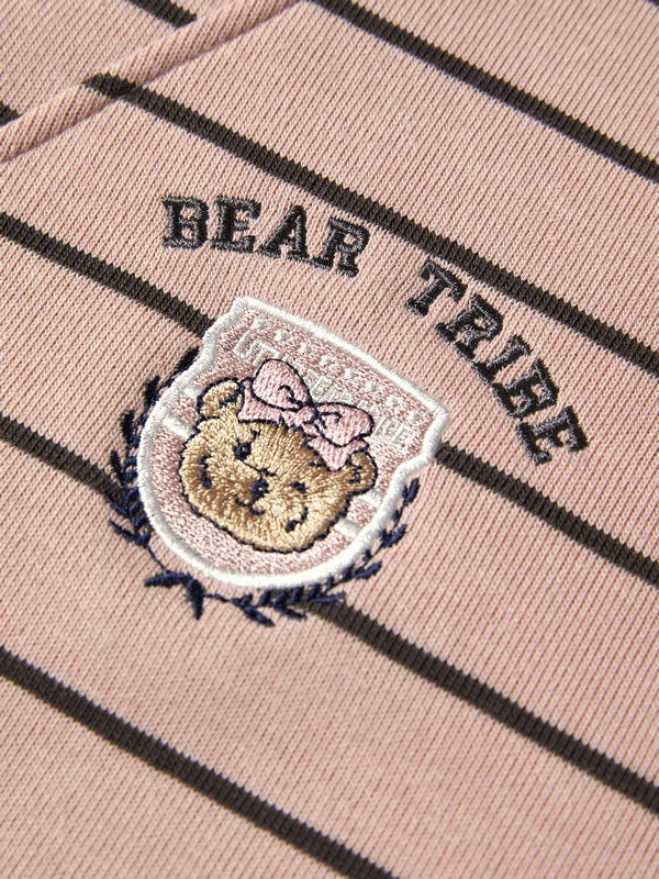 Stripe Print Bear Embroidery Shirt Neck Oversized Hoodie