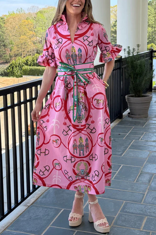 Churchill Social Playful Warhorse Print Stand Neck Ruffle Sleeve Belted Pocket Caftan Midi Dress