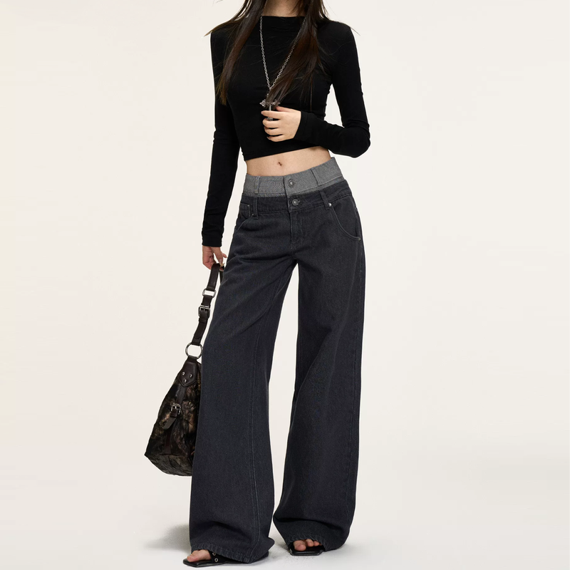 Patchwork button pocket low rise straight leg | Baggy Low Rise Jeans  | Festival Outfits Women