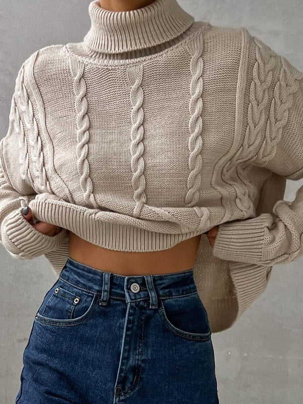Solid Cable Knit High Neck Sweater