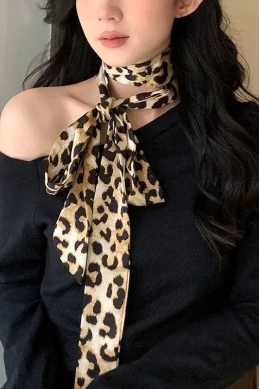 Retro Leopard Print Silk Ribbon Hair Neck Bag Scarf