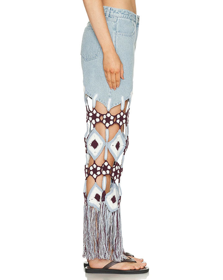 Belma Denim Handmade Embroidered Floral Crochet Detail Tassel Hem Pocket Jeans