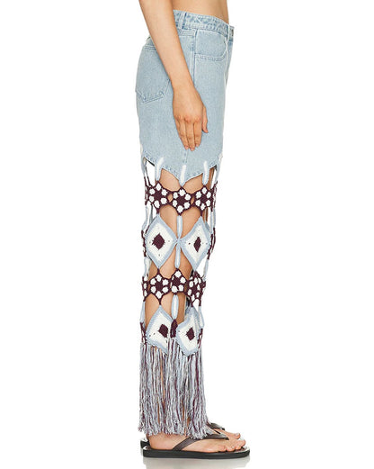 Belma Denim Handmade Embroidered Floral Crochet Detail Tassel Hem Pocket Jeans