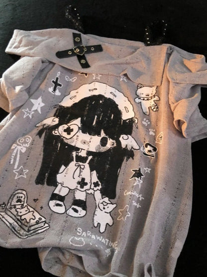 Y2K Cartoon Print Off Shoulder T-shirt