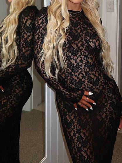 Hollow Lace Pattern See-Through Slim Fit Maxi Dress