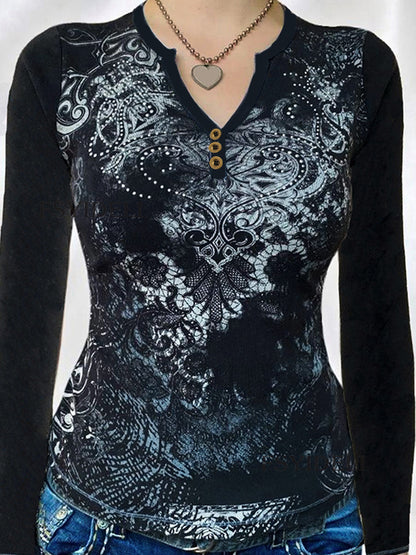 Gothic Print V Neck Long Sleeve Tee