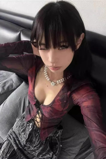 Sexy Red Y2K Lace Up Mesh Top