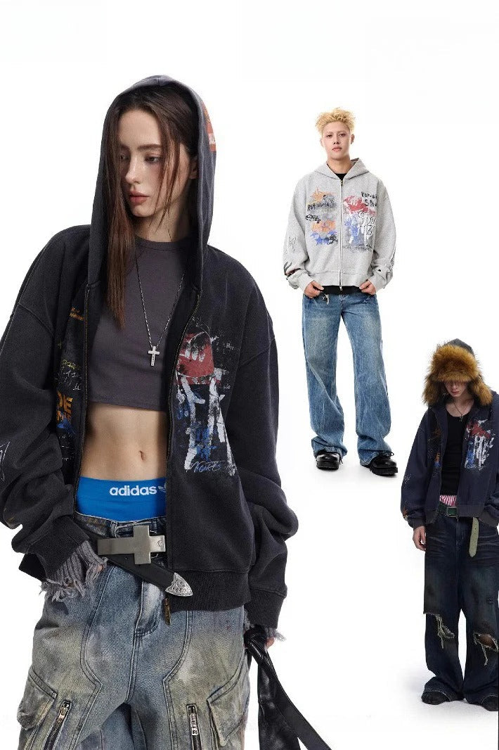 Hip-hop Graffiti Print Zip-up Hooded Coat