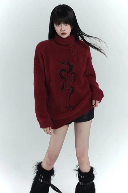 Y2K Grunge Red Zipper Print Oversized Streetwear Sweater