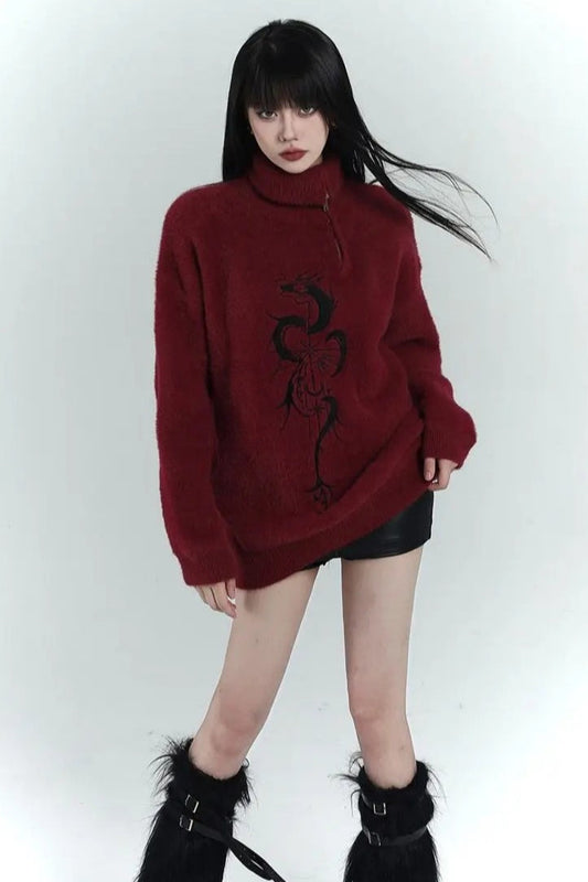 Y2K Grunge Red Zipper Print Oversized Streetwear Sweater