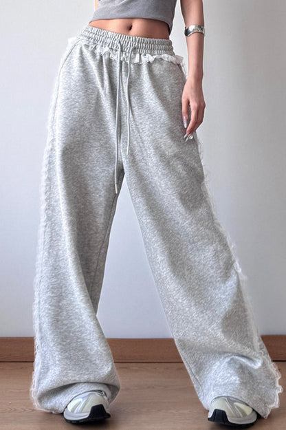 Lace Trim Wide Leg High Waist Pants