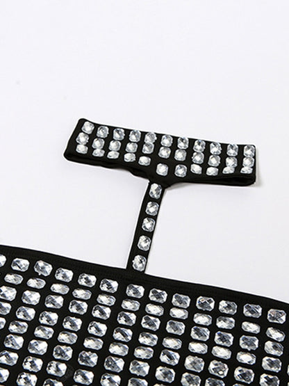 Rhinestone Decor Tie Up Backless Halter Vest