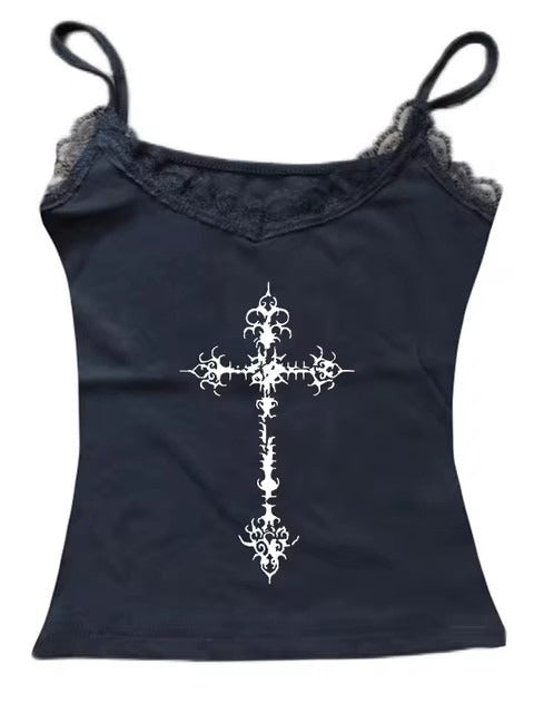 Gothic Cross Print Lace Trim Crop Top