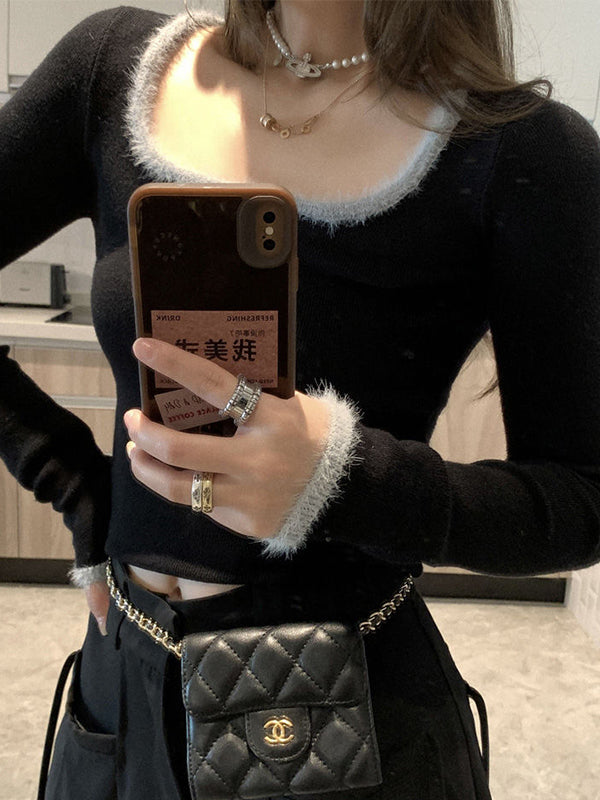 Plush Trim Splice Square Neck Slim Long Sleeve Knit