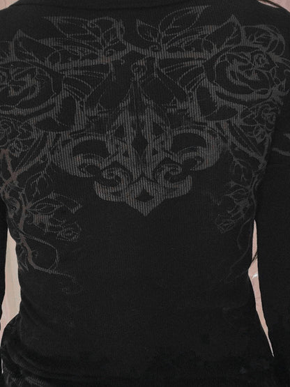 Rhinestone Floral Print Oversized Long Sleeve Tee