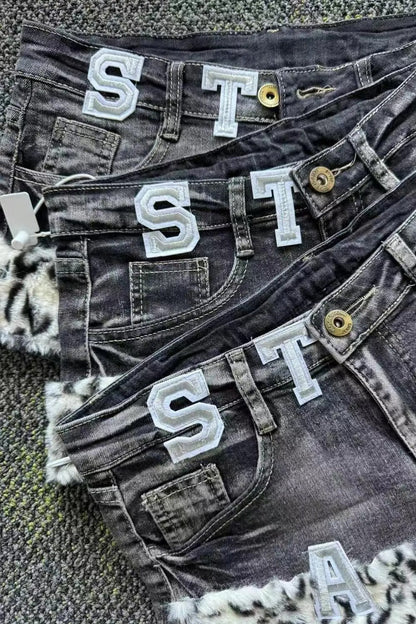 Punk Letter Print Low Rise Denim Shorts
