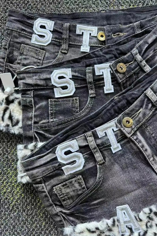 Punk Letter Print Low Rise Denim Shorts