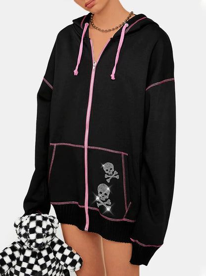 Gothic Skull Rhinestone Print Oversized Hoodie