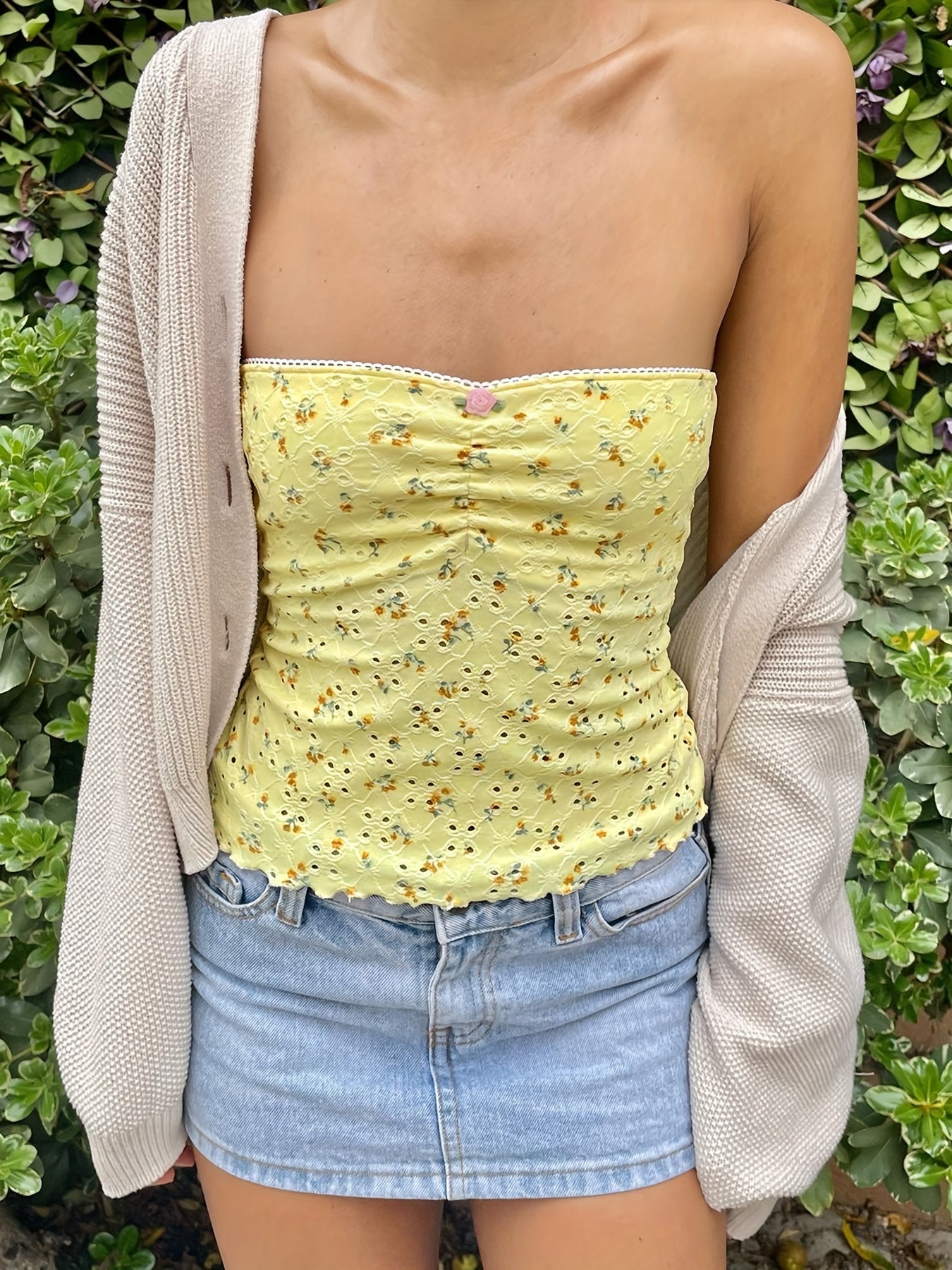 Floral Pattern Eyelet Tube Top, Y2K Ruched Strapless Slim Top For & Summer, Clothing