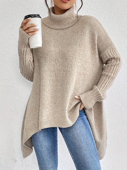 Jersey holgado de cuello alto con bajo asimétrico para mujer | Ideal para otoño/invierno