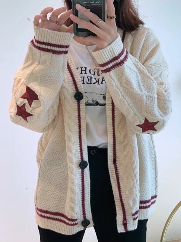 Oversize Star Embroidered Cable Knit Cardigan