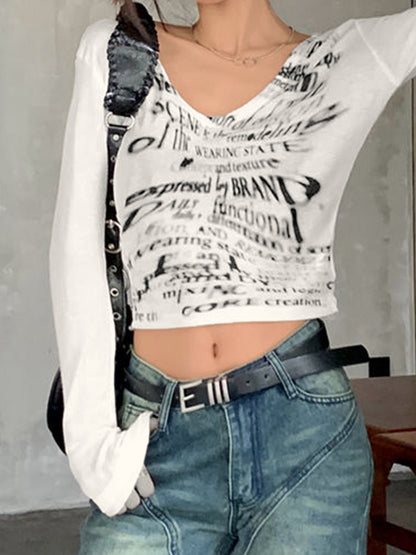 Blurred Letter Print V Neck Long Sleeve Tee