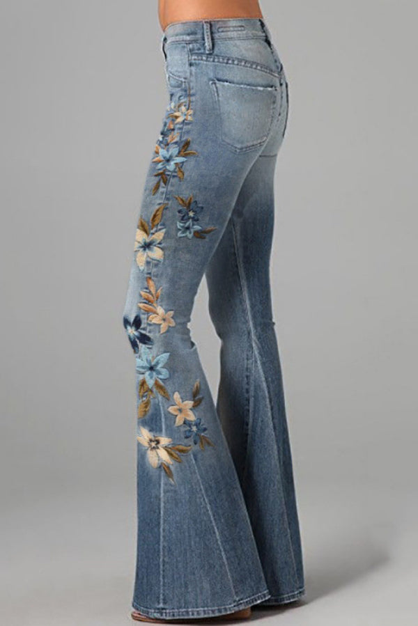 Unique Printed High-waisted Pocket Casual Flared Jeans